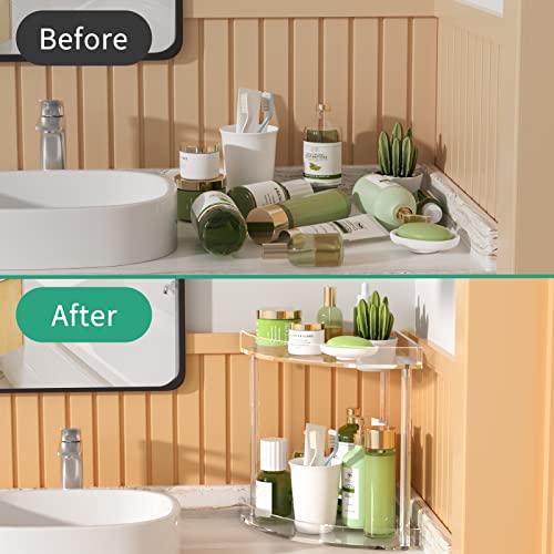NPPLUS 2 Tier Acrylic Bathroom Counter Organizer, Clear Bathroom Countertop Corner Organizer, 2-Tier Corner Storage Shelf Vanity Trays, Home Storage Holder for Makeup Cosmetics Perfume Organizer - style: Fan-shaped
