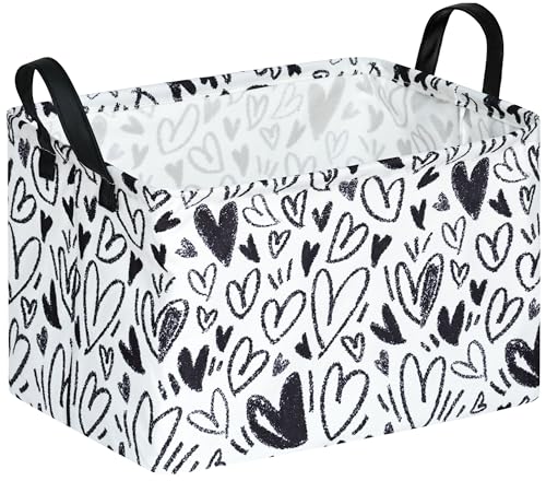 Valentine's Day Gift Basket Rec Black Heart Print Box Hamper Storage Basket Collapsible Organizer Bin Gift Shelf Baskets for Home and Kitchen - color: white-black heart