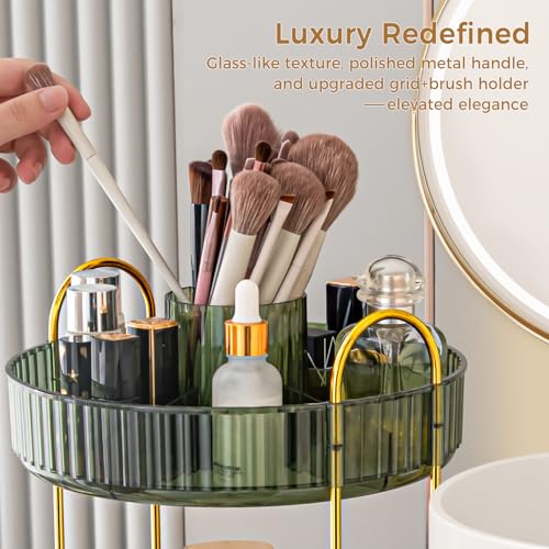 360° Rotating Makeup Organizer, Upgraded 2 Tier Skincare Perfume Organizers for Women, Bathroom Organizer Countertop, Clear Cosmetic Dresser Organizer with Makeup Brush Holder, Sink&Counter (Green) - color: Green, size: 2 Tier