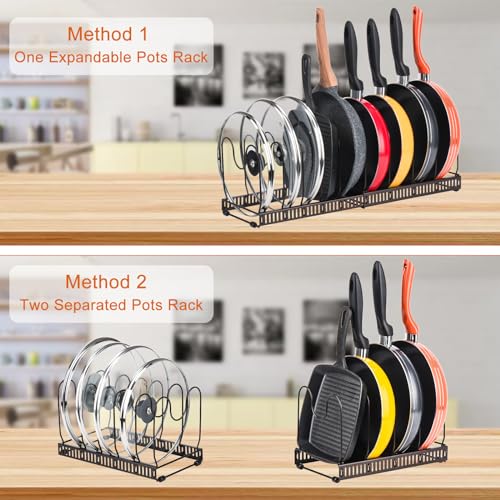Toplife Pots and Pans Organizer Rack for Cabinet and Countertop, 10+ Pot Lids, Bakeware and Cookware Organizer Rack Holder with 10 Adjustable Compartments - Brown - color: Brown, size: Pot & Pan Organizer