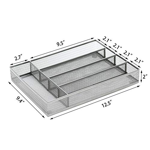 JANE EYRE Drawer Organizer, Cutlery Tray Silverware Flatware Storage Divider for Kitchen, Mesh Wire with Non-slip Foam Feet, 5 Component, Silver - color: Silver