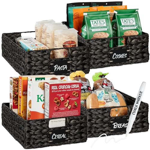 Best Choice Products Set of 4 16x12in Large Water Hyacinth Pantry Baskets, Woven Organizers w/Chalkboard Label, Chalk Marker - Black - color: Black, size: 12x16x5in