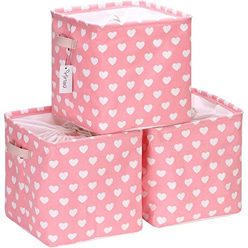 Hinwo 3-Pack Cubic Organizer Shelf Bins, Canvas Fabric Storage Baskets with Handles, 22L/5.8-Gal Square Storage Bins, Cubes, Collapsible Storage Box, 11 x 11 x 11 Inches (S, Pink Heart) - color: Pink Heart, size: S/11 x 11 x 11"/3-Pack