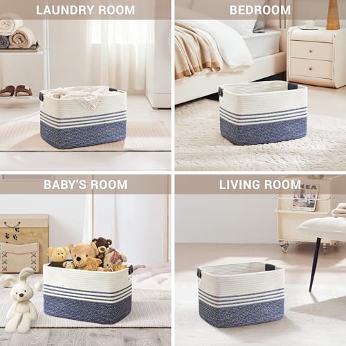45L Small Laundry Basket with Leather Handles for Living Room Storage, Woven Rope Baskets Bin for Blanket, Kids Toy, Gifts, Wicker Hamper for Bedroom Dirty Clothes, 18"x14"x11" Denim Blue - color: Denim Blue, size: 45L