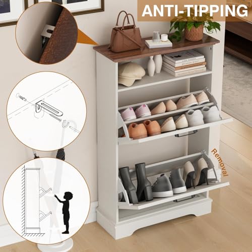 Shoe Storage Cabinet with 2 Flip Drawers, 24" W Farmhouse Modern Hidden Shoes Rack Cabinet with Adjustable Shelves & Open Storage, Narrow Slim Shoe Organizer for Entryway, Hallway, Antique White - color: Antique White, size: 2-Drawers
