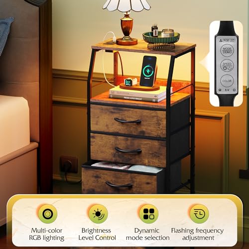 WLIVE 4 Drawer Dresser for Bedroom, 37" H Nightstand with Charging Station and Led Light, Tall Night Stand Bed Side Table, End Table with USB Ports and Outlets, Fabric Bins, Wood Shelf, Rustic Brown - color: Rustic Brown Wood Grain Print, size: 4 Drawers