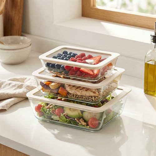 Urban Green Glass Food Container Set with Silicone Glass Lid, 3 Pack, Airtight, LeakProof, 100% Plastic Free, Meal Prep Containers (White Color) - color: White Sand-RT