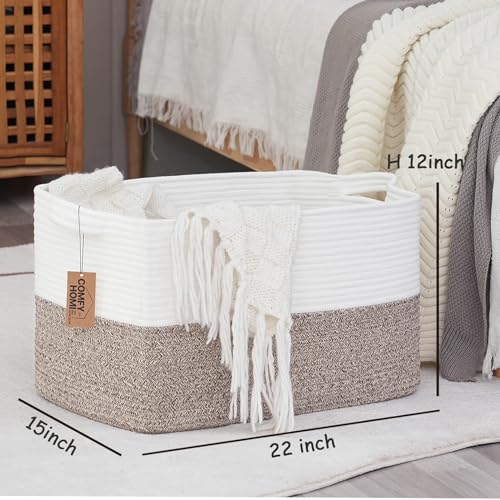 COMFY-HOMI Large Laundry for Organizing|Rectangle Cotton Rope Storage with Handles|Blanket for Living Room|Woven Laundry for Towels, Toys, Clothes-22x15x12”-White/Brown - color: White/Brown, size: 22''x15''x12''