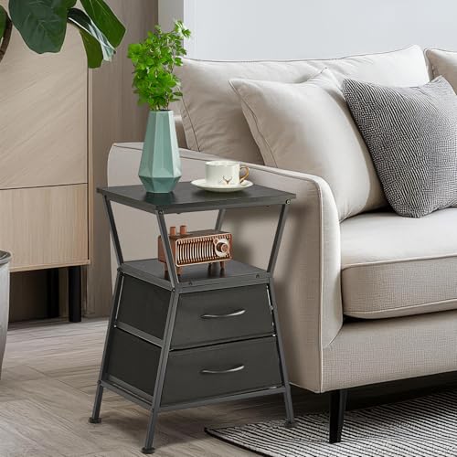 Side Tables for Bedroom Nightstand with 2 Cloth Drawer Bedside Table with Storage End Tables Living Room Sofa Couch - color: Black