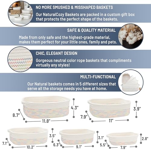 NaturalCozy 5-Piece Rectangle Storage Basket Set- Natural Cotton Rope Woven Baskets for Organizing! Small Basket for Montessori, Baby Nursery, Dog Toy Baskets, Cat Toy Box, Bathroom Organization Bin - color: Off White & Rainbow Stitching
