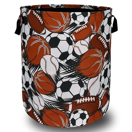 Funny Football Basketball Laundry Basket Foldable With Handles Tote Bag Oxford Cloth Colorful Laundry Hamper Clothes Storage Bucket Toy Organizer For Bathroom/Laundry/Bedroom 18.9" x 16.5 " - color: Hand Drawn Football and Basketball