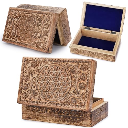 Ajuny Wooden Hand Carved Jewelry Box - Mango Wood Celtic Flower Carving Decorative Keepsake Box, Memory Box Organizer Travel Treasure Chest Trinket Holder Case Great Gifts 8x5 Inch - style: Celtic Flower