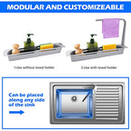NiHome Telescopic Kitchen Over Sink Organizer with Towel Hanger, Expandable Slim Drain Basket Multifunctional Caddy Adjustable Length Colander Rack Sponge Holder Storage Tray for Home Bathroom (Grey)