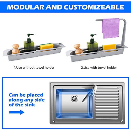 NiHome Telescopic Kitchen Over Sink Organizer with Towel Hanger, Expandable Slim Drain Basket Multifunctional Caddy Adjustable Length Colander Rack Sponge Holder Storage Tray for Home Bathroom (Grey)