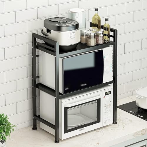 DOLALIKE Microwave Oven Rack, Expandable Microwave Stand Countertop Kitchen Utensils Tableware Storage, Carbon Steel Over Microwave Shelf Countertop with 3 Hooks - color: Black, size: 3 Tier (Without Spice Rack)
