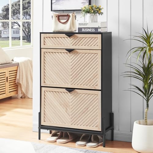 Shoe Cabinet Storage with 2 Flip Drawers, Narrow Hidden Shoes Organizer Cabinet for Entryway, Freestanding Slim Shoe Rack Front Door Entrance(Oak&Black) - color: Oak&black, size: Medium