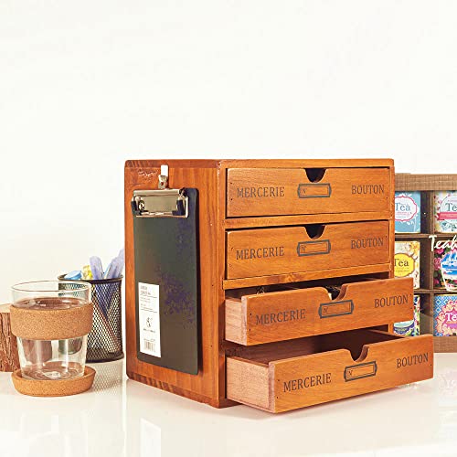 Wooden Storage Box Rustic Desktop Organizer with Drawers/Labels 4 Tier Office Desk Accessories Shelf with A6 Clipboard Small Craft Storage Apothecary Cabinet and Chest Jewelry Holder for women