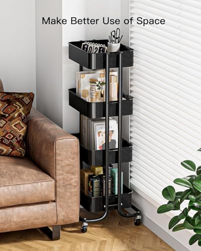 Pipishell 4 Tier Metal Rolling Utility Cart, Heavy-Duty Storage Rolling Cart with 2 Lockable Wheels, Multifunctional Mesh Organization Utility Cart for Kitchen Dining Room Living Room, PIUC13B - color: Black, size: 4 Tier