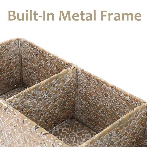 Seagrass Shelf Basket with Dividers, Rectangular Woven Storage Baskets for Organizing, Decorative Wicker Narrow Basket Tray with 3 Sections for Shelves, Toilet Tank, Bathroom Counter - color: Whitewash