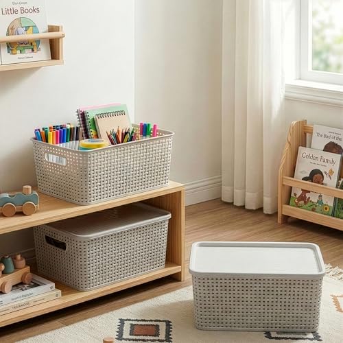 BINO | Plastic Storage Baskets with Lids, 15.5 Liter - 3 Pack, Natural Grey | THE WOVEN COLLECTION | Storage Basket for Shelves | Woven Storage Baskets for Organizing Bins | Pantry Shelf Organizer Bin - color: Natural Grey, size: 13.5L | 3-Pack