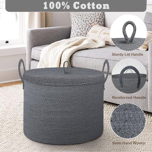 21" x 18" Extra Large storage baskets,Decorative blanket basket with lid for Living room,rope baskets with lid,wicker hamper for bedroom,Big,Round,Dark Grey - color: Dark Grey