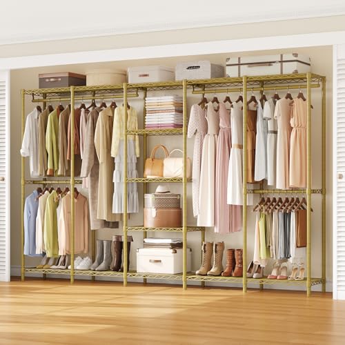 ONBRILL F5 Extra Large Industrial Pipe Clothing Rack, Freestanding Portable Closet Organizer System with Shelves & Hanging Rods, 88.6'' Wide Heavt Duty Clothes Rack, Max Load 1300lbs, Gold - color: Gold