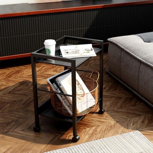 Compact 2-Tier Rolling Cart, Small Rolling Utility Cart with Wheels, Mobile Bedside Table Organizer for Dorm Room, Kids Room, Bedroom, Nursery, Small Spaces, Black Metal Storage Trolley - color: Black