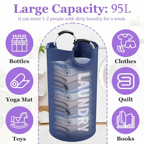 95L Collapsible Laundry Baskets for Boy, Big Clothes Hampers with Handles, Stand-alone Laundry Bin, Portable Dirty Clothes Basket for Bathroom, Camping, Navy Blue - color: Navy Blue, size: L-95L