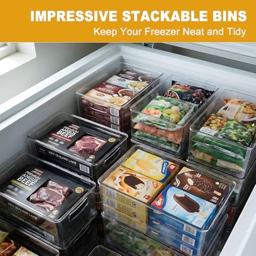 Hudgan 8 Pack Pantry Organizer and Storage, 2 Extra Large Stackable Freezer Organizer Bin, 3 Large Clear Storage Bin and 3 Medium Plastic Container for Home Edit, Kitchen Cabinet, Bathroom Shelf - size: 2XL+3L+3M