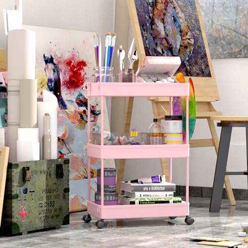 SPACEKEEPER Rolling Storage Cart 3 Tier, Bathroom Cart Organizer Laundry Room Organizer Utility Cart Mobile Shelving Unit Multi-Functional Shelves for Office, Kitchen, Bathroom, Pink - color: Pink, size: 3 Tier