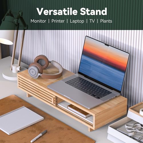 Monitor Stand Riser with Sliding Door, Computer Laptop Stand Desk Shelf Organizer with Storage (Natural Bamboo, 25 Inch) - color: Natural Bamboo, size: 25 Inch