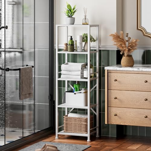 Furologee White Bookshelf 5 Tier Bookcase, Tall Narrow Bookshelves, Modern Freestanding Shelf Units, Metal and Wood Display Storage Corner Shelves Organizer for Bedroom, Living Room, Office, Bathroom - color: White, size: 5 Tier - 15.3"W