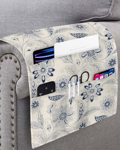 Sofa Armrest Organizer Bedside Caddy, Vintage Blue Floral Non Slip Couch Remote Control Holder for Recliner, Rustic Abstract Flower Burlap Arm Chair Caddy with Pocket for Magazine Phone, 13"x35" - color: Navy, size: 13x35 in