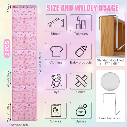 Windyun 2 Pcs Kids over The Door Shoe Organizer 24 Pockets Unicorn Baby Water Bottle Organizer Rack Hanging Girls Pink Shoe Storage for School Door Closet Bedroom Wall