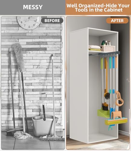 Pull Out Broom Holder, Multifunctional Slide Broom And Mop Storage/Organizer With Adjustable Double Row Sliding Hook, Garage Organization Hooks, for Closet Laundry - grey - 36cm/14.17inch - color: Dark grey, size: 14.17 inches