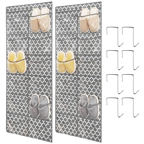 Clear Crystal 2 Pack 12Pockets Large Hanging Shoe Organizer Over The Door Shoe Rack for Closet Door Storage Shoe Holder Hanger, 8Hooks, White (59'' x 21.6'') - color: Grey-D2