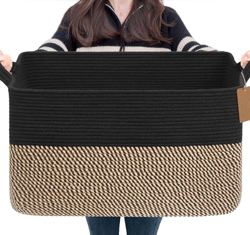 Goodpick Woven Storage Baskets for Organizing 22”x17”x12” Large Blanket Basket for Living Room Bedroom, Rectangle Wicker Storage Basket with Handles, Toy Baskets for Baby Boys, Black & Jute - color: Black Jute, size: 22"L x 17"W x 12"H