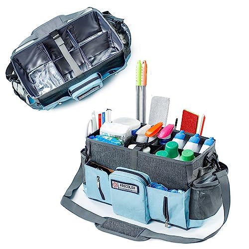 Large Cleaning Supplies Organizer-Cleaning Caddy Organizer With Handles & Shoulder Strap-Cleaning Bags for Cleaning Suppliers-Housekeepers Wearable Cleaning Tote Upgraded - color: Grey-Blue
