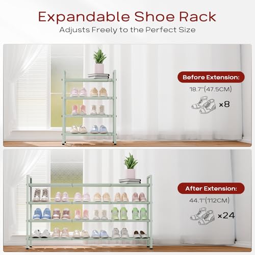 Bumusty 4-Tier Long Expandable Shoe Rack for Closet, 18"-44" Adjustable Shoe Rack for Entryway, 20-24 Pairs Large Shoe Organizer Shelf Storage, Sturdy Metal, Green - color: Green, size: 4-Tier