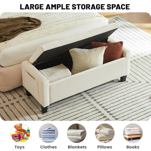 Velvet Storage Ottoman Bench for Bedroom, End of Bed Bench with Button, Side Storage Pockets, Organizer Storage Chest, Upholstered Foot Rest, Load up to 400 lb, for Living Room, Entryway, Beige - color: Beige