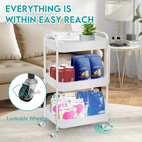 ZOES HOMEWARE 3 Tier Rolling Cart, Metal Utility Cart with 4 Hooks, Rolling Storage Cart on Wheels, Small Organizer Cart for Nursery, Kitchen, Living Room, Bathroom, White - color: White