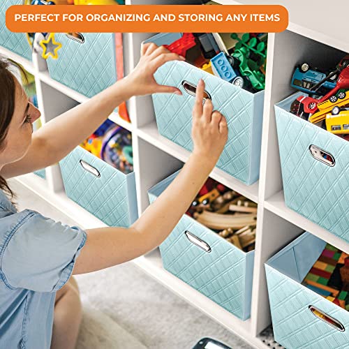 FH Group JIAessentials 11" Faux Leather Foldable Storage Cube Bins Set of 2 – Blue Diamond Patterned Organizers with Handles for Closet & Shelves - color: Blue, size: Small
