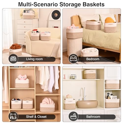 ICERZCZ Storage Baskets for Shelves, Woven Storage Basket, Bins for Cube Storage, Cotton Rope Basket with Handles for Toy, Book, and Clothes Living Room, (4 Packs) Off White & Brown - color: Off White & Brown, size: 12.5"(l)×9.1"(w)×7.9"(h)
