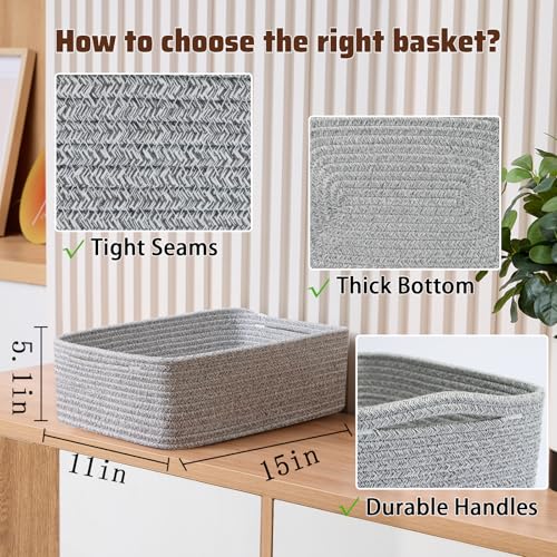 MiniArk Large Shallow Organizing Baskets 15x11x5.1 Inches - Rope Woven Storage Bins for Bathroom, Shelves, Cube Closet, Mixed Grey 2 Packs - color: Mixed Grey, size: 2pcs-L15×W11×H5.1"