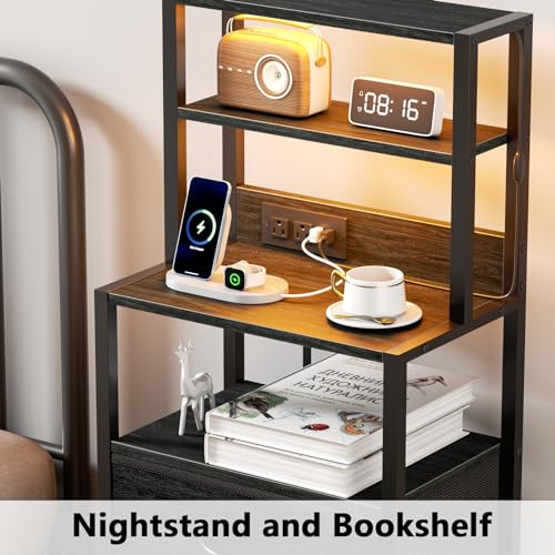 Furnulem Night Stand, Tall Nightstand with 4-Tier Shelves and 3 Fabric Drawers, LED Bed Side Tables with Charging Station, Bedside Table for Bedroom, Hallway, Home Office, Black Oak - color: Black Oak, size: 3 Drawer