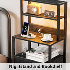 Furnulem Night Stand, Tall Nightstand with 4-Tier Shelves and 3 Fabric Drawers, LED Bed Side Tables with Charging Station, Bedside Table for Bedroom, Hallway, Home Office, Black Oak - color: Black Oak, size: 3 Drawer