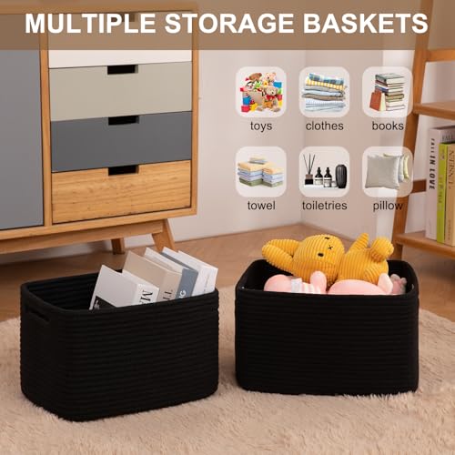 OIASKET Storage Baskets for Organizing, Woven Decorative Baskets for Shelves - Books, Towels, and Clothes, Cotton Rope Toy Storage Bins, 12.7''Lx9''Wx7.8''H, Pack of 4, Black - color: Black