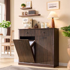 IFBUY Modern Double Tilt-Out Laundry Hamper Cabinet, 20 Gallon Fluted Trash Can Cabinet w/2 Drawers, Wooden Hidden Garbage Can Cabinets w/Laundry Basket, Free Standing for Bathroom and Kitchen, Brown - color: Brown, size: 13"D x 39.3"W x 35.8"H (Full)
