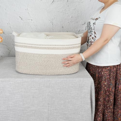XUANGUO Large Rectangle Blankets Basket Living Room 22"x17"x12" Woven Cotton Rope Storage Baskets for Nursery Toy Baskets for Kids Wicker Laundry Basket Bin for Clothes Towels white brown - color: white and brown
