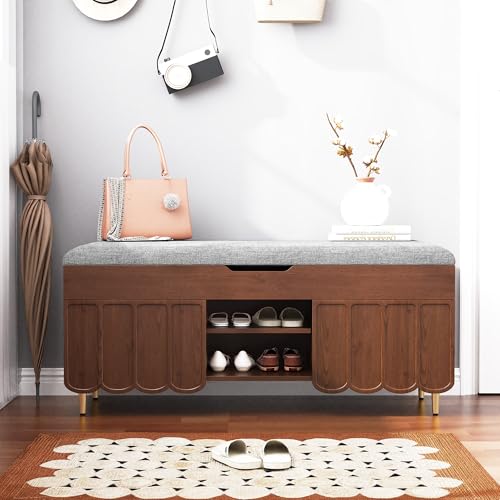 3More 40" Entryway Shoe Storage Bench,Upholstered Hidden Space Beneath Seat Cushion Bench,2-Tier Unique Geometric Shape with Wood Grain,Walnut - color: Brown